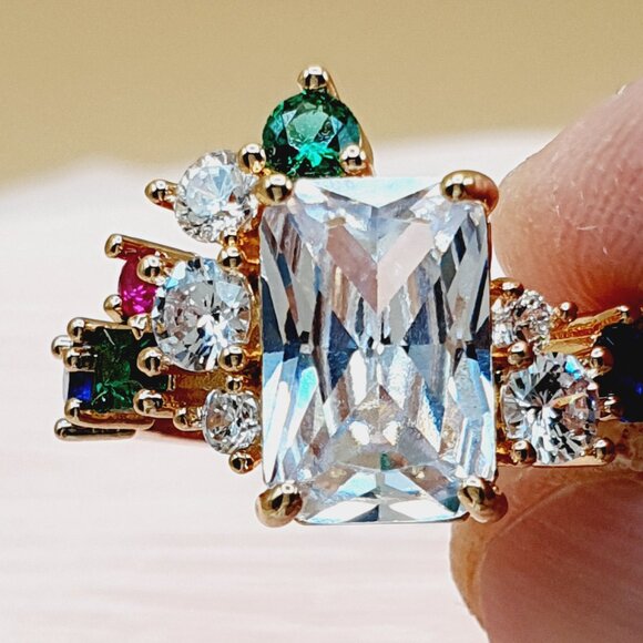 💎 Trendy Colourful Gemstone Dainty Large Rectangle Gold Rings  Women, INDN8511 - Picture 5 of 11